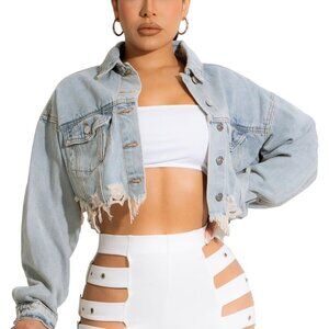 Women's Cropped Jean Jacket Button Up Long Sleeve Ripped Denim Jacket Light Blue